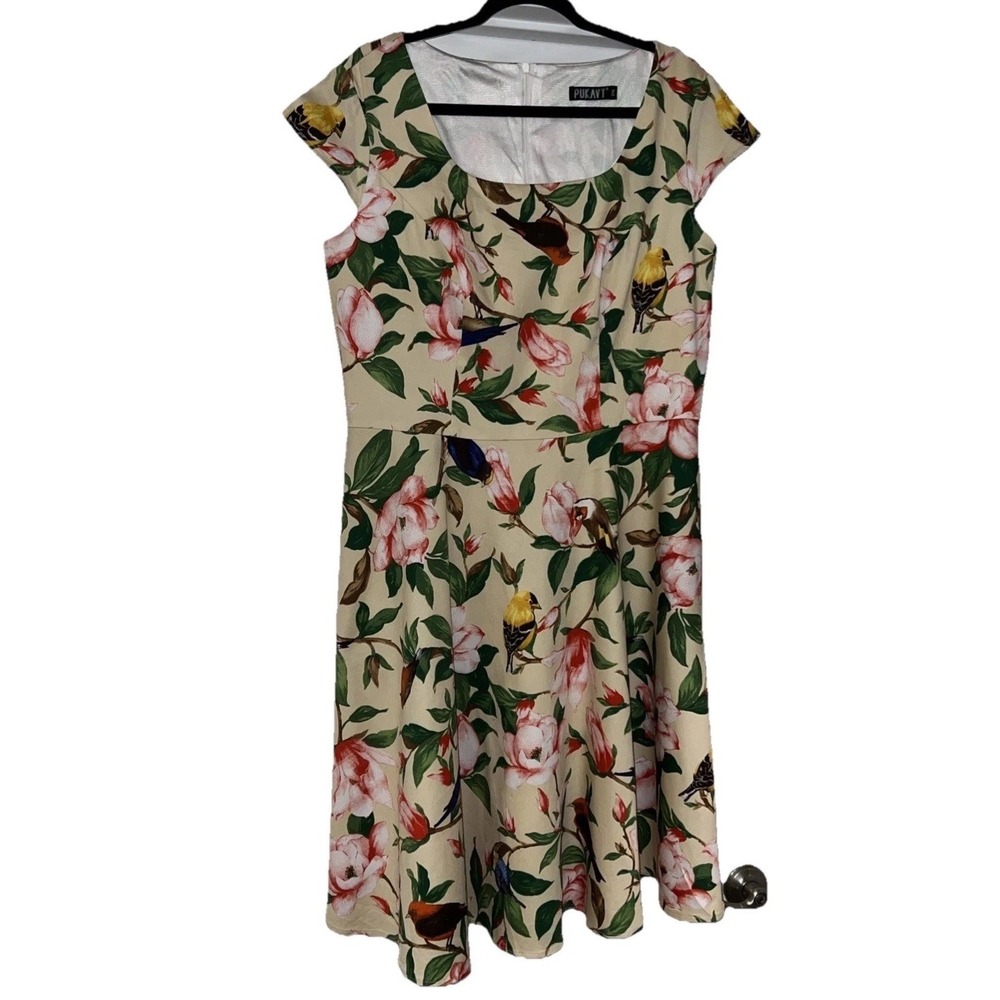 PUKAVT Dress~2XL~ Birds Floral Tropical A-line Caps Sleeves